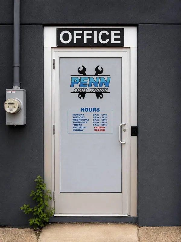 Side door marked OFFICE with the Penn Auto Works logo and hours